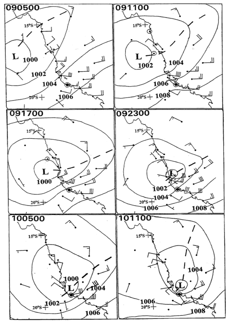 MSL pressure distribution (hPa) and wind observations in the Townsville and Cairns area from 9 January 1998